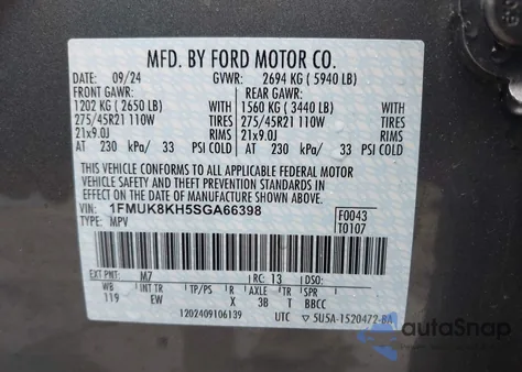 2025 Ford Explorer St-Line z USA, uszkodzony, nr VIN 1FMUK8KH5SGA66398